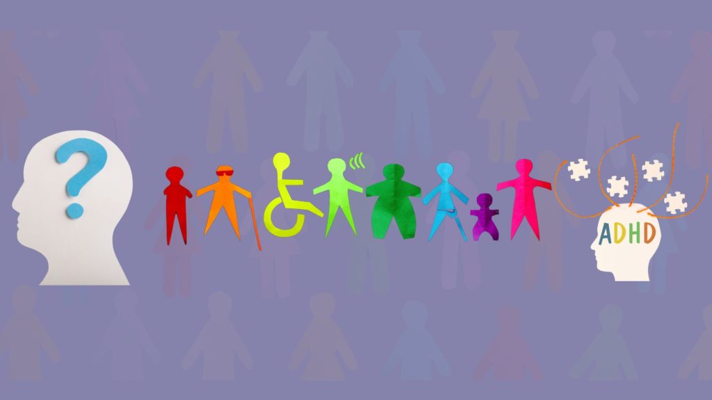 Illustration representing diverse individuals with disabilities and ADHD, including various figures with different accessibility needs, in vibrant colors on a light purple background.