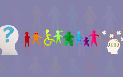 Illustration representing diverse individuals with disabilities and ADHD, including various figures with different accessibility needs, in vibrant colors on a light purple background.