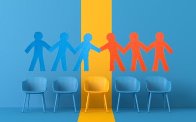 Illustration of blue and orange human cutouts holding hands above a row of chairs, symbolising workplace diversity and collaboration.